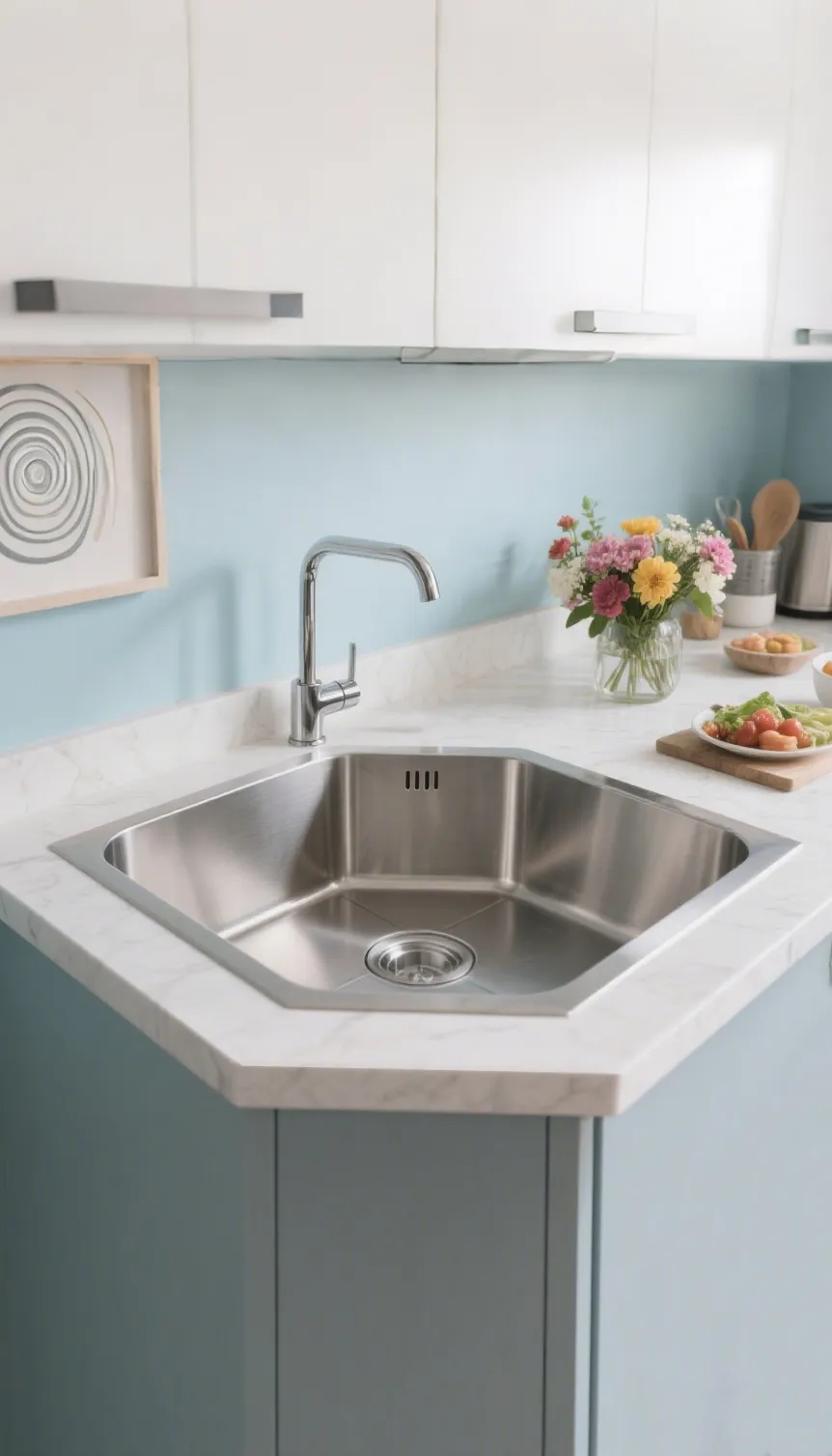 Minimalist black kitchen island with rectangular stainless steel sink, silver faucet, bright windows, white walls, and small plant decoration